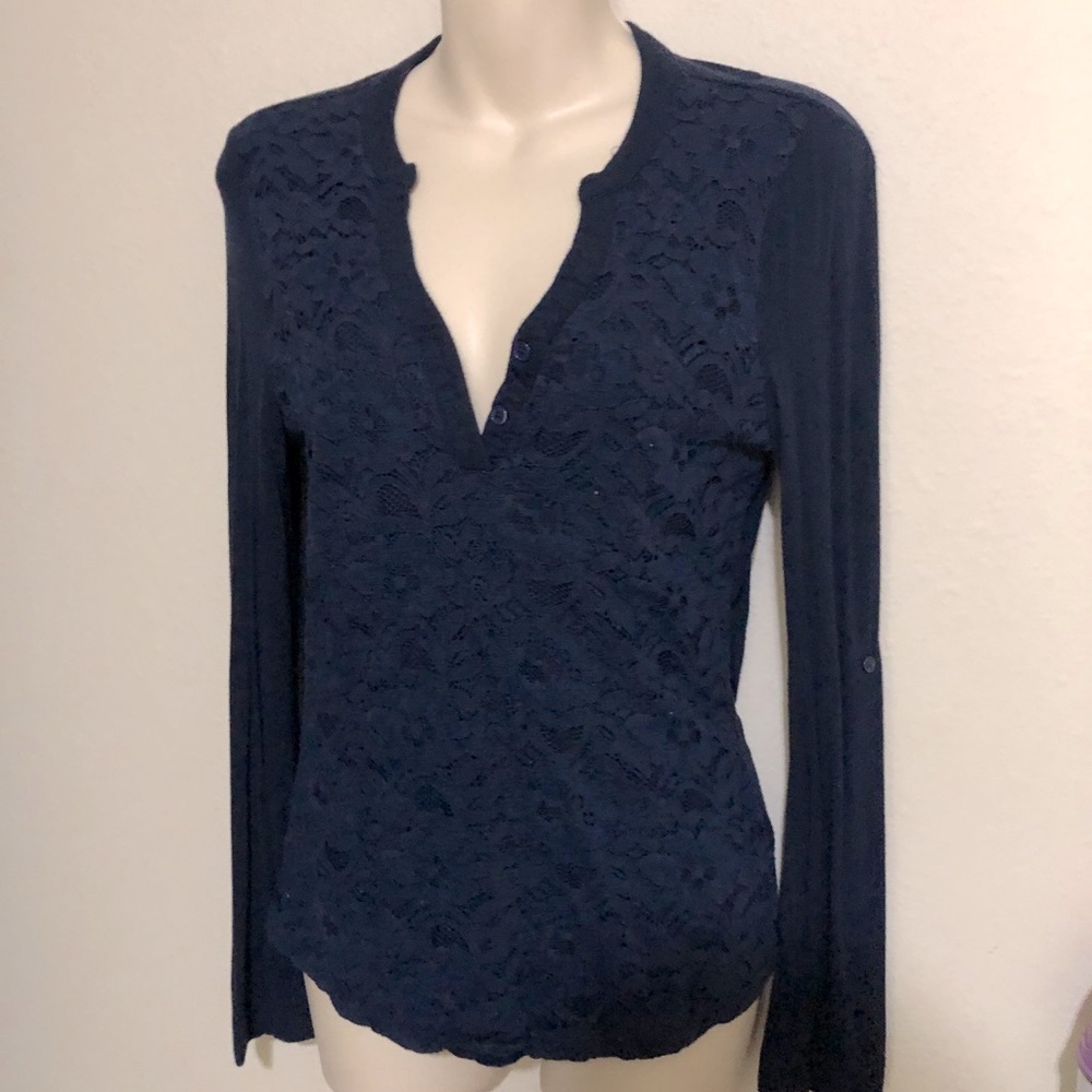 Pink Rose floral navy blue top